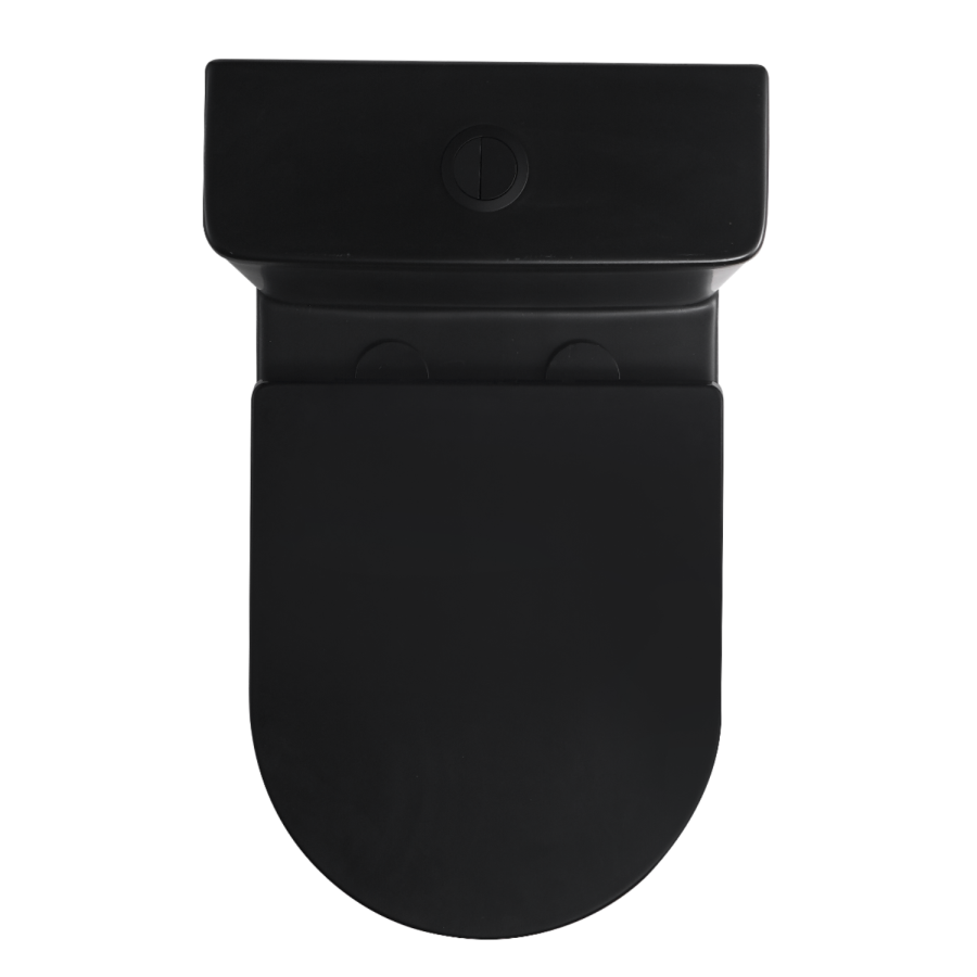 Matt Black Close Coupled Rimless Closed Back Short Projection Toilet with Brushed Brass Button and Tornado Flush - Newport