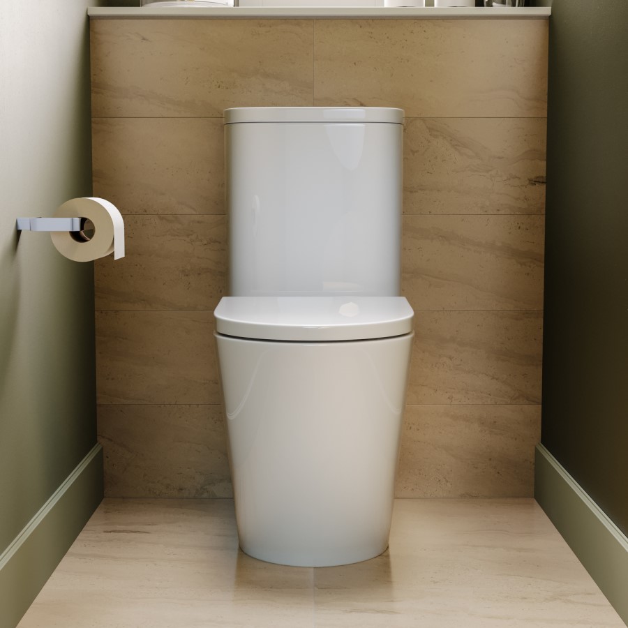 Close Coupled Rimless Open Back Short Projection Toilet with Chrome Button and Tornado Flush - Newport
