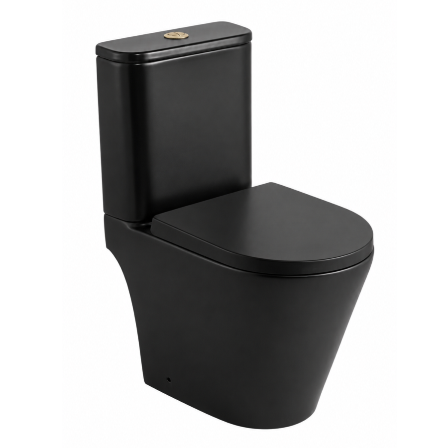 Matt Black Close Coupled Rimless Open Back Short Projection Toilet with Brushed Brass Button and Tornado Flush - Newport