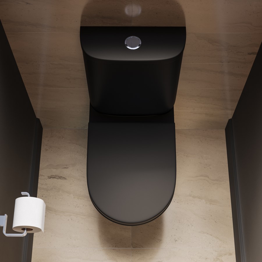 Matt Black Close Coupled Open Back Short Projection Toilet With Chrome Button -   Newport
