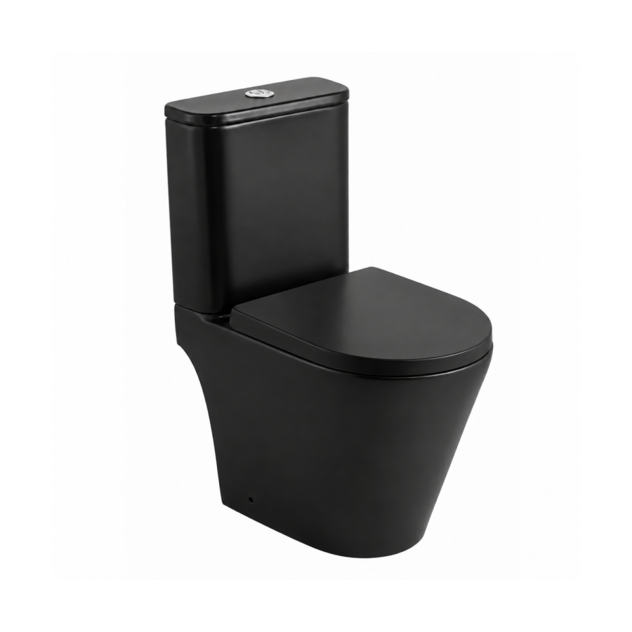 Matt Black Close Coupled Open Back Short Projection Toilet With Chrome Button -   Newport