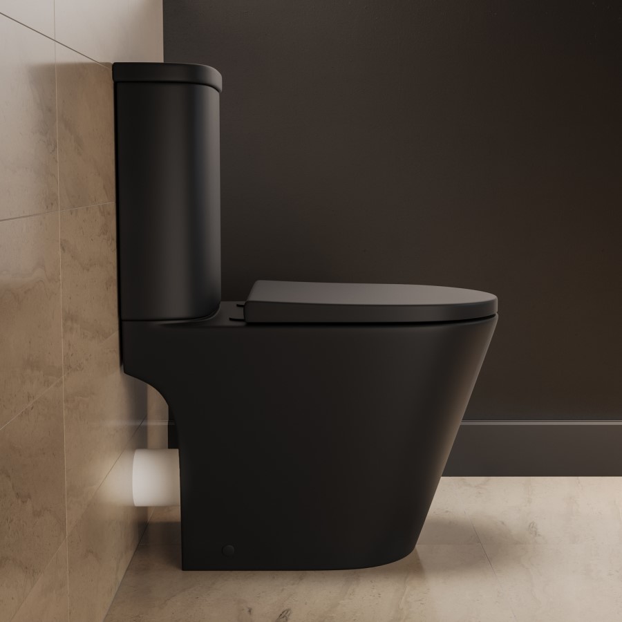 Matt Black Close Coupled Rimless Open Back Short Projection Toilet with Chrome Button and Tornado Flush - Newport