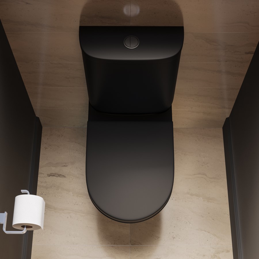 Matt Black Close Coupled Rimless Open Back Short Projection Toilet with Chrome Button and Tornado Flush - Newport