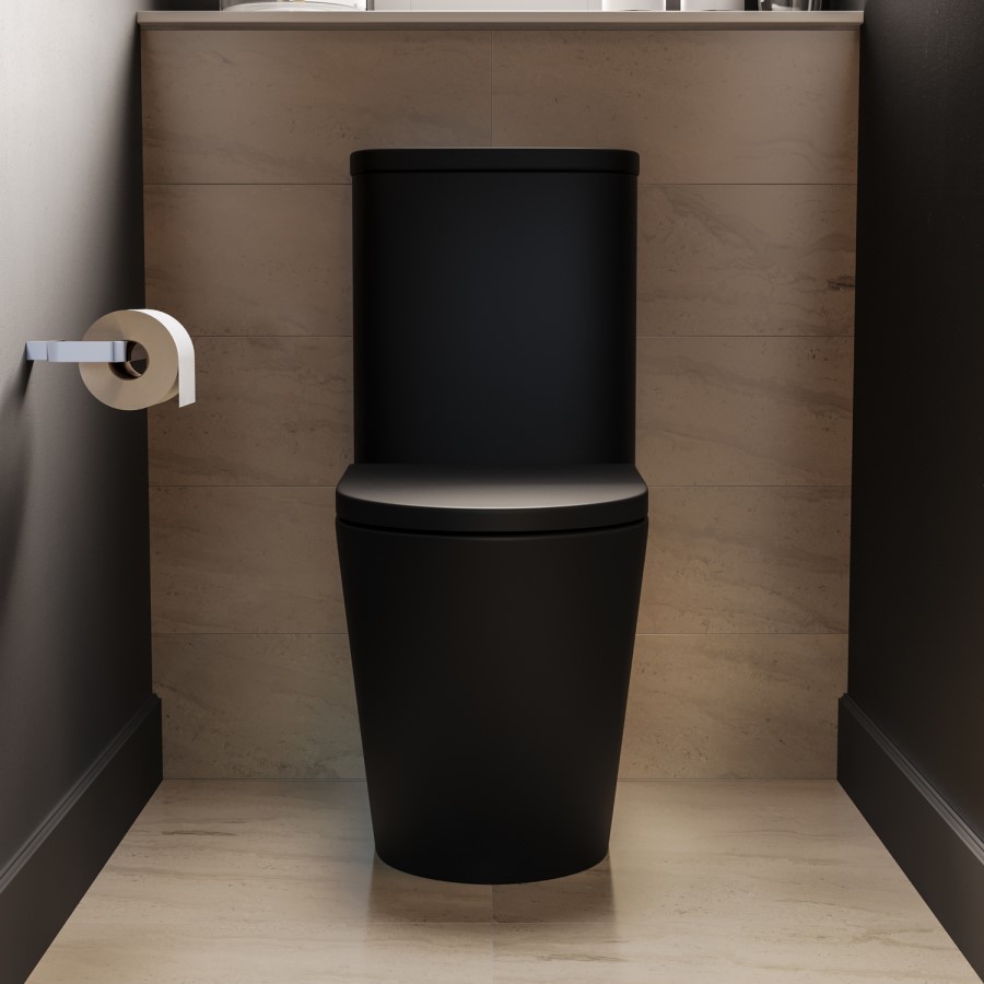 Matt Black Close Coupled Rimless Open Back Short Projection Toilet with Chrome Button and Tornado Flush - Newport