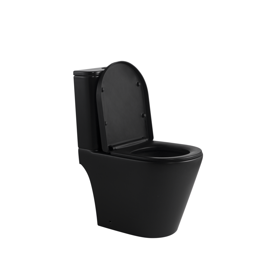 Matt Black Close Coupled Rimless Open Back Short Projection Toilet with Chrome Button and Tornado Flush - Newport