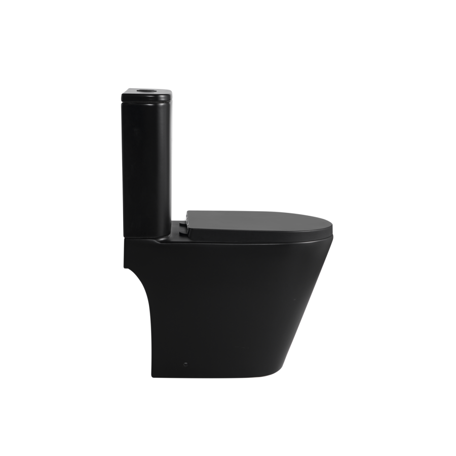 Matt Black Close Coupled Rimless Open Back Short Projection Toilet with Chrome Button and Tornado Flush - Newport
