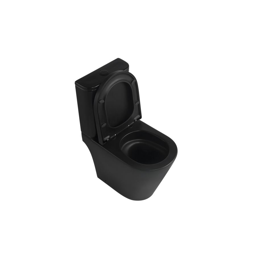 Matt Black Close Coupled Rimless Open Back Short Projection Toilet with Chrome Button and Tornado Flush - Newport