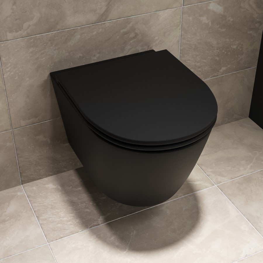 Matt Black Wall Hung Rimless Short Projection Toilet with Soft Close Seat – Newport