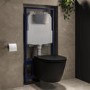 Matt Black Wall Hung Rimless Toilet with Soft Close Seat, Chrome Mechanical Flush Plate, 1168mm Frame & Cistern – Newport