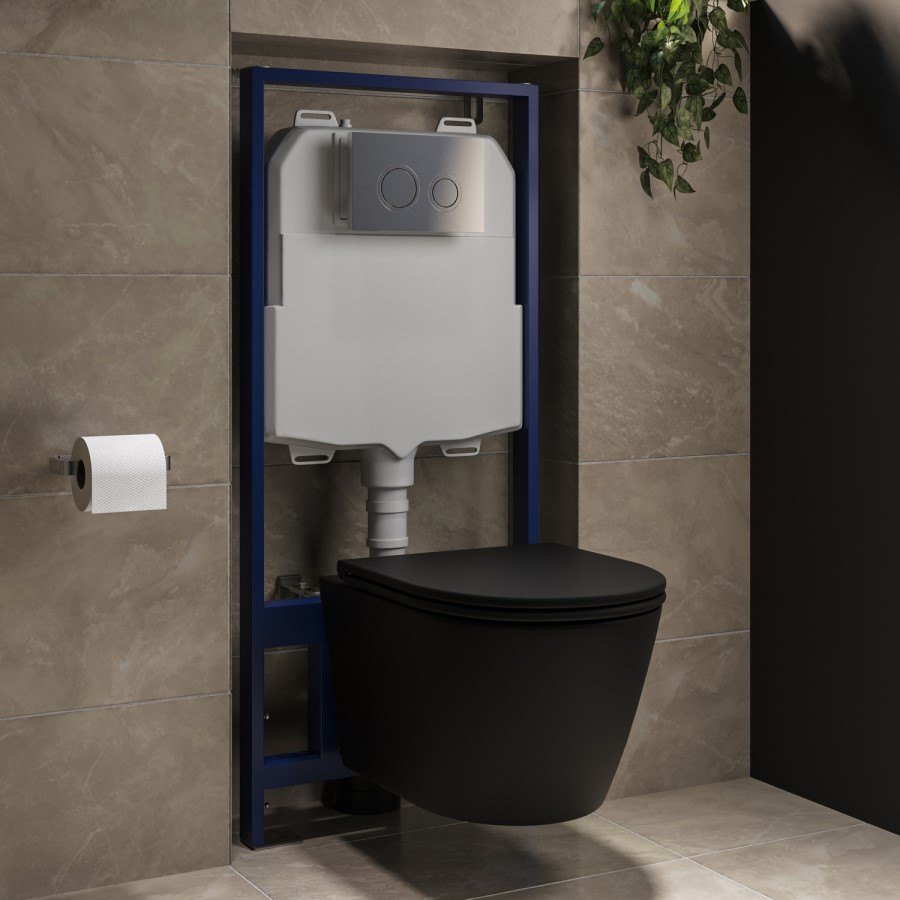 Matt Black Wall Hung Rimless Toilet with Soft Close Seat, Chrome Mechanical Flush Plate, 1168mm Frame & Cistern – Newport