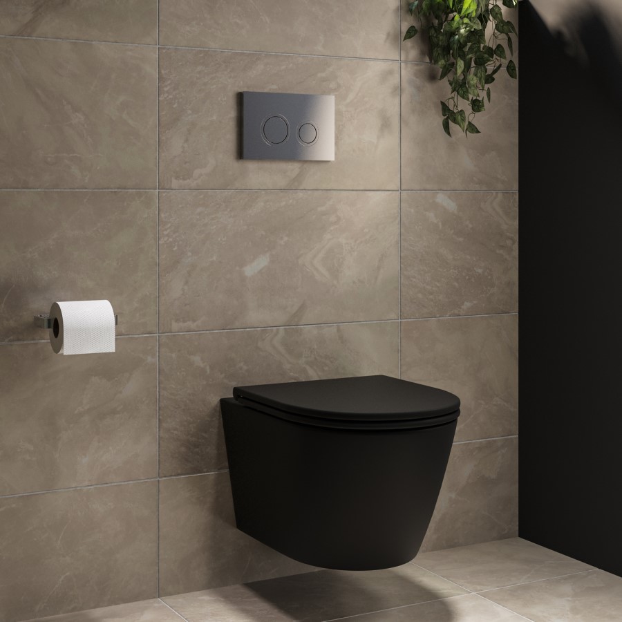 Matt Black Wall Hung Rimless Toilet with Soft Close Seat, Chrome Mechanical Flush Plate, 1168mm Frame & Cistern – Newport