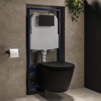 Matt Black Wall Hung Rimless Toilet with Soft Close Seat, Matt Black Mechanical Flush Plate with 1160mm Frame & Cistern - Newport Matt Black Wall Hung Rimless Toilet with Soft Close Seat, Matt Black Mechanical Flush Plate with 1160mm Frame & Cistern - Newport