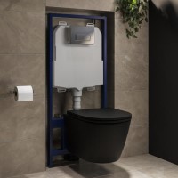 Matt Black Wall Hung Rimless Toilet with Soft Close Seat, Chrome Pneumatic Flush Plate, 1168mm Frame & Cistern – Newport Matt Black Wall Hung Rimless Toilet with Soft Close Seat, Chrome Pneumatic Flush Plate, 1168mm Frame & Cistern – Newport