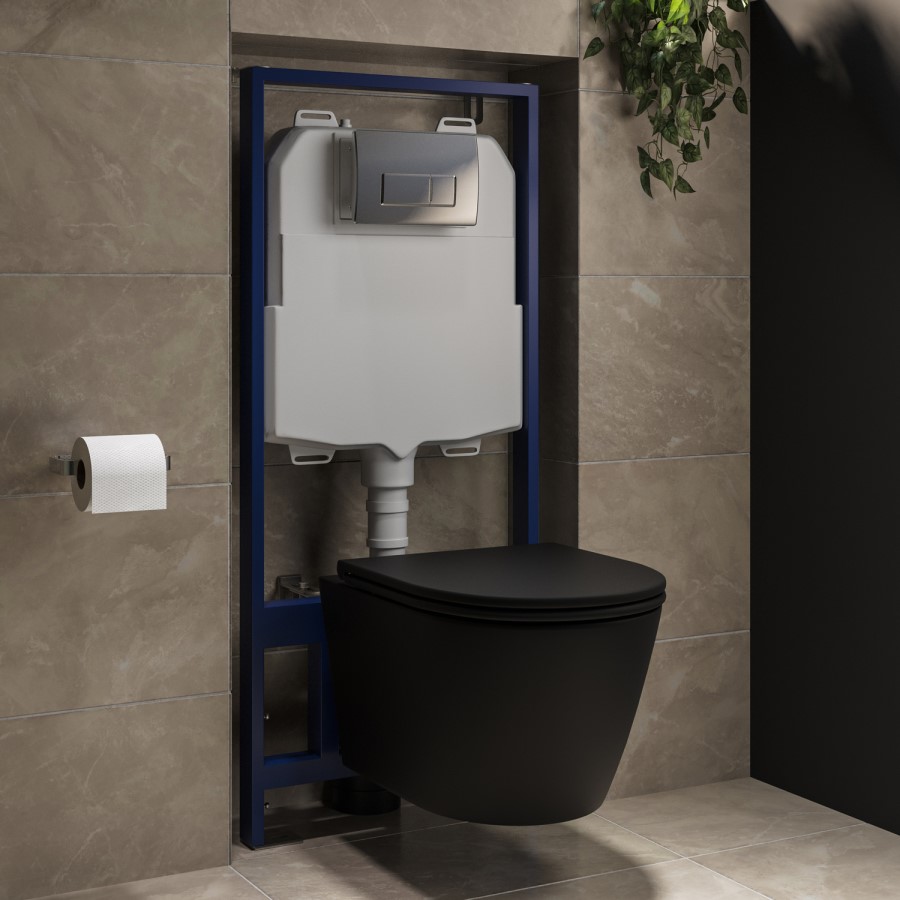 Matt Black Wall Hung Rimless Toilet with Soft Close Seat, Chrome Pneumatic Flush Plate, 1168mm Frame & Cistern – Newport
