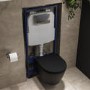 Matt Black Wall Hung Rimless Toilet with Soft Close Seat, Chrome Pneumatic Flush Plate, 1168mm Frame & Cistern – Newport