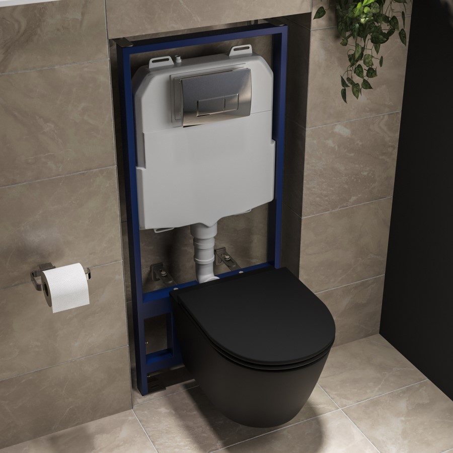 Matt Black Wall Hung Rimless Toilet with Soft Close Seat, Chrome Pneumatic Flush Plate, 1168mm Frame & Cistern – Newport