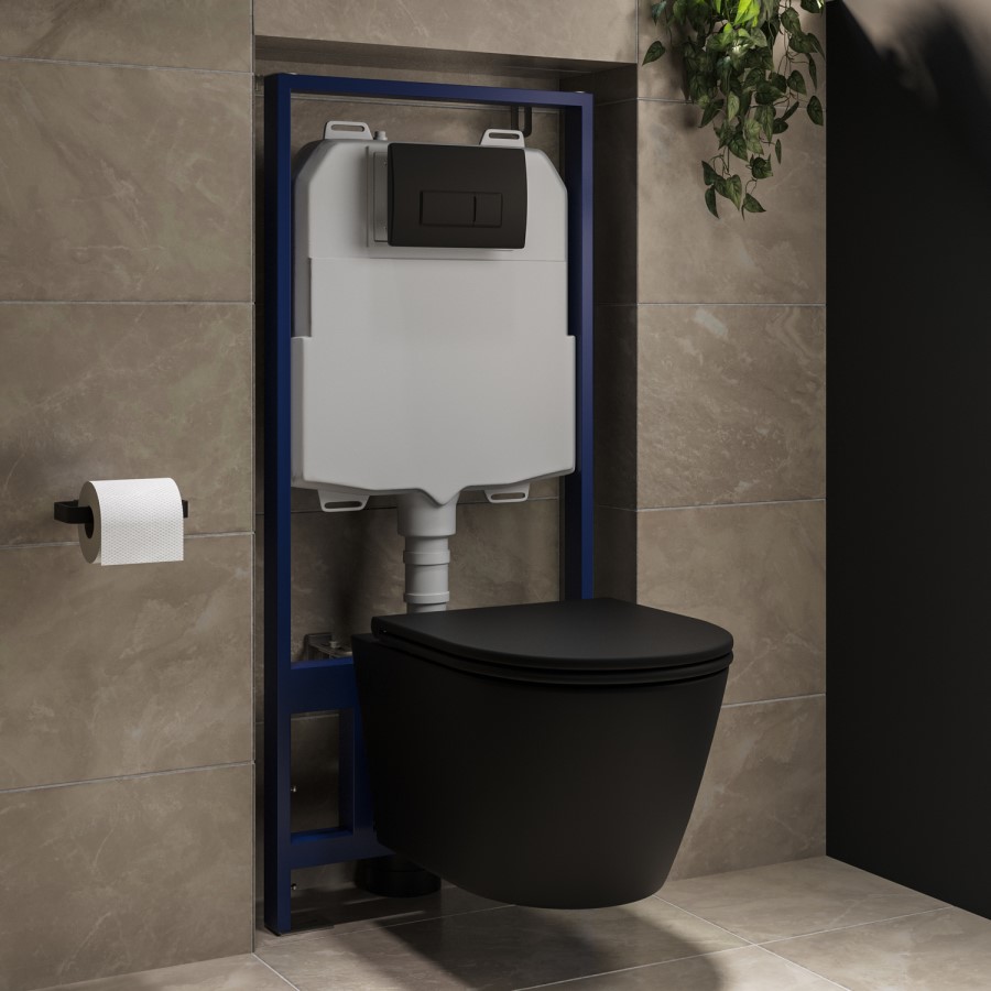 Matt Black Wall Hung Rimless Toilet with Soft Close Seat, Matt Black Pneumatic Flush Plate, 1170mm Frame & Cistern - Newport