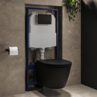 Matt Black Wall Hung Rimless Toilet with Soft Close Seat, Matt Black Pneumatic Flush Plate, 1170mm Frame & Cistern - Newport Matt Black Wall Hung Rimless Toilet with Soft Close Seat, Matt Black Pneumatic Flush Plate, 1170mm Frame & Cistern - Newport