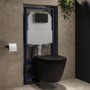 Matt Black Wall Hung Rimless Toilet with Soft Close Seat, Matt Black Pneumatic Flush Plate, 1170mm Frame & Cistern - Newport