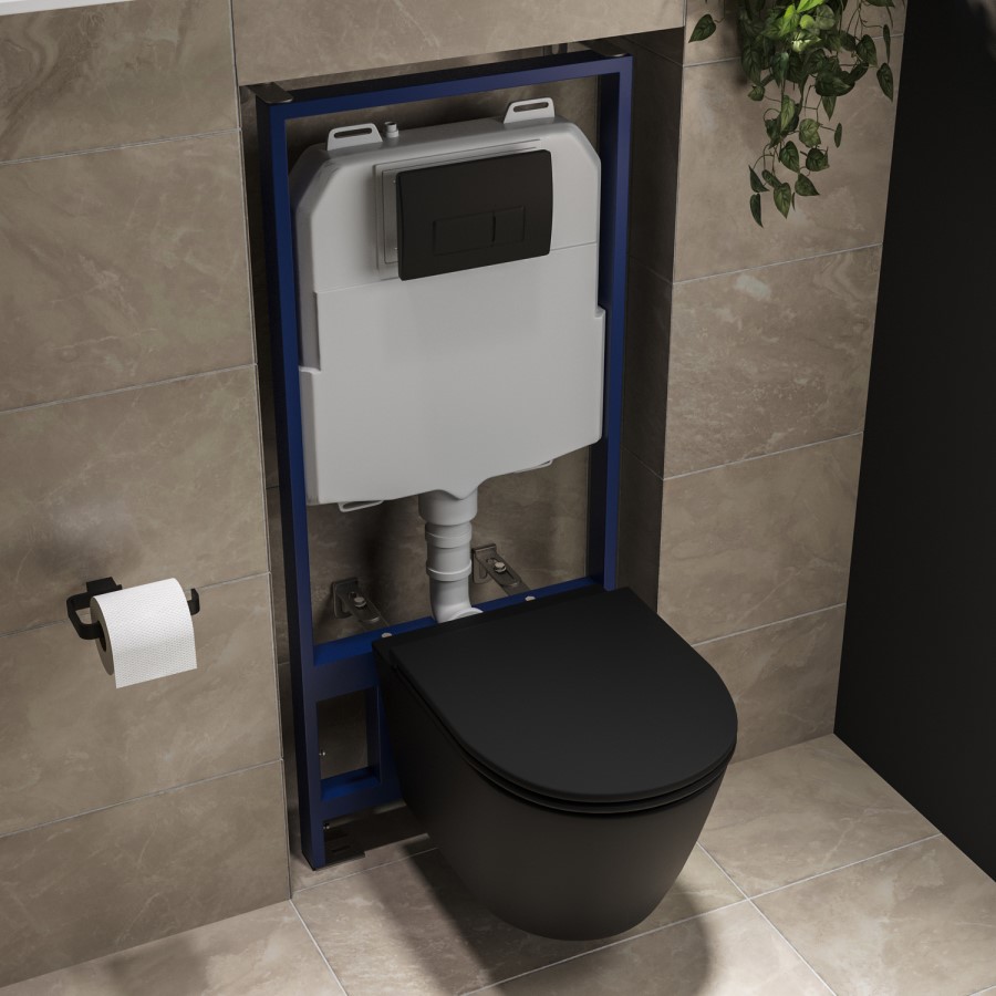 Matt Black Wall Hung Rimless Toilet with Soft Close Seat, Matt Black Pneumatic Flush Plate, 1170mm Frame & Cistern - Newport