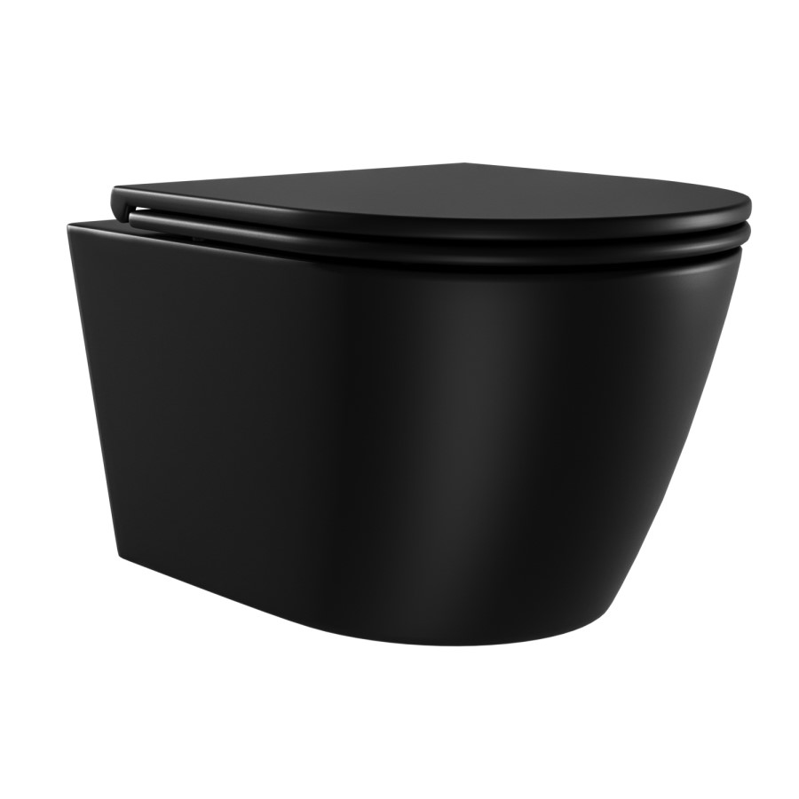 Matt Black Wall Hung Rimless Toilet with Soft Close Seat, Matt Black Pneumatic Flush Plate, 1170mm Frame & Cistern - Newport