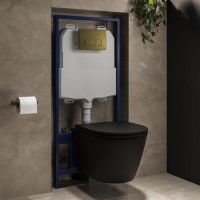 Matt Black Wall Hung Rimless Toilet with Soft Close Seat, Brushed Brass Pneumatic Flush Plate, 1168mm Frame & Cistern – Newport Matt Black Wall Hung Rimless Toilet with Soft Close Seat, Brushed Brass Pneumatic Flush Plate, 1168mm Frame & Cistern – Newport