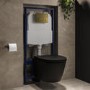 Matt Black Wall Hung Rimless Toilet with Soft Close Seat, Brushed Brass Pneumatic Flush Plate, 1168mm Frame & Cistern – Newport