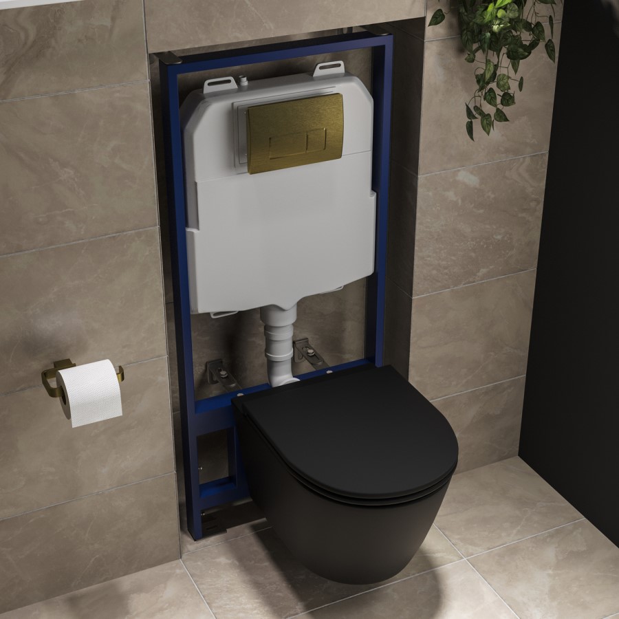 Matt Black Wall Hung Rimless Toilet with Soft Close Seat, Brushed Brass Pneumatic Flush Plate, 1168mm Frame & Cistern – Newport