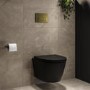 Matt Black Wall Hung Rimless Toilet with Soft Close Seat, Brushed Brass Pneumatic Flush Plate, 1168mm Frame & Cistern – Newport
