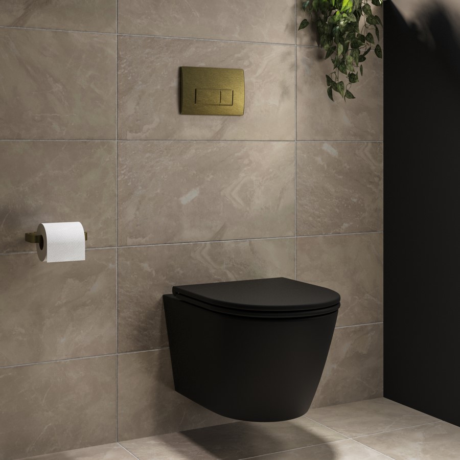Matt Black Wall Hung Rimless Toilet with Soft Close Seat, Brushed Brass Pneumatic Flush Plate, 1168mm Frame & Cistern – Newport
