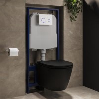 ONLY OPENED - Matt Black Wall Hung Rimless Toilet with Soft Close Seat, White Glass Sensor Pneumatic Flush Plate, 1170mm Frame & Cistern - Newport ONLY OPENED - Matt Black Wall Hung Rimless Toilet with Soft Close Seat, White Glass Sensor Pneumatic Flush Plate, 1170mm Frame & Cistern - Newport