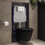 ONLY OPENED - Matt Black Wall Hung Rimless Toilet with Soft Close Seat, White Glass Sensor Pneumatic Flush Plate, 1170mm Frame & Cistern - Newport