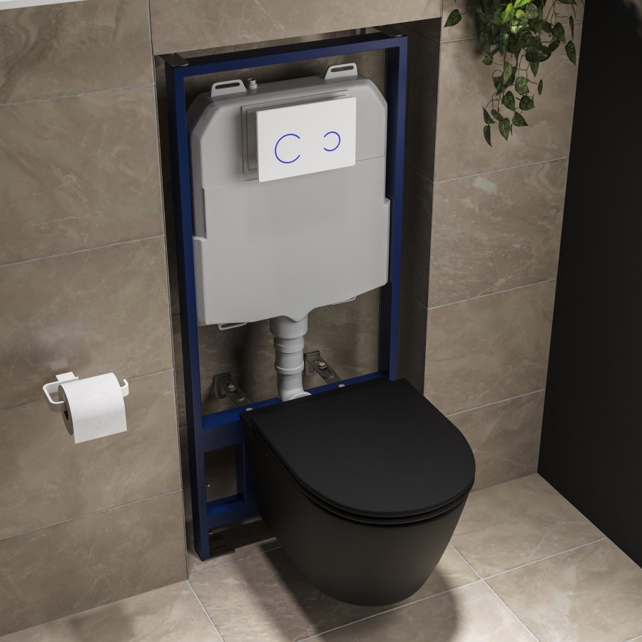 ONLY OPENED - Matt Black Wall Hung Rimless Toilet with Soft Close Seat, White Glass Sensor Pneumatic Flush Plate, 1170mm Frame & Cistern - Newport