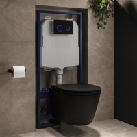 Matt Black Wall Hung Rimless Toilet with Soft Close Seat, Black Glass Sensor Flush Plate, 1168mm Frame & Cistern – Newport Matt Black Wall Hung Rimless Toilet with Soft Close Seat, Black Glass Sensor Flush Plate, 1168mm Frame & Cistern – Newport