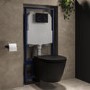Matt Black Wall Hung Rimless Toilet with Soft Close Seat, Black Glass Sensor Flush Plate, 1168mm Frame & Cistern – Newport