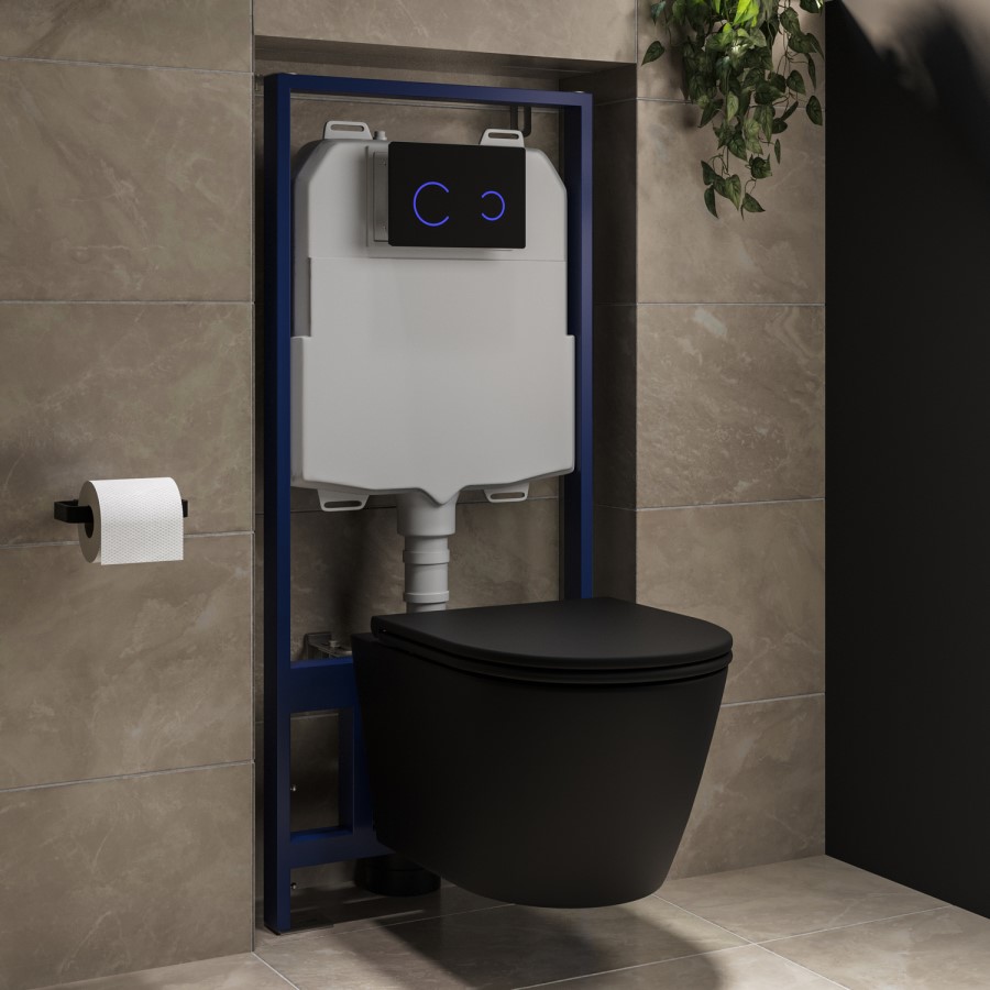 Matt Black Wall Hung Rimless Toilet with Soft Close Seat, Black Glass Sensor Flush Plate, 1168mm Frame & Cistern – Newport
