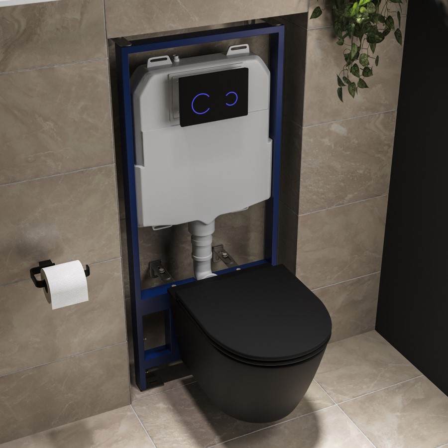 Matt Black Wall Hung Rimless Toilet with Soft Close Seat, Black Glass Sensor Flush Plate, 1168mm Frame & Cistern – Newport