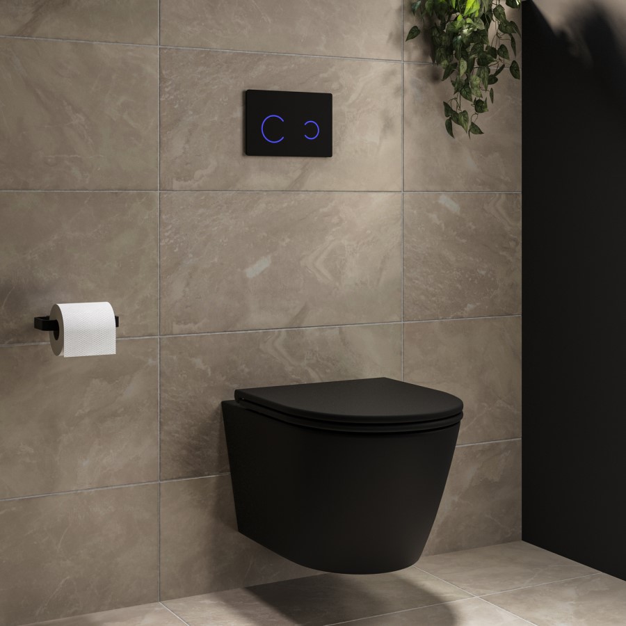 Matt Black Wall Hung Rimless Toilet with Soft Close Seat, Black Glass Sensor Flush Plate, 1168mm Frame & Cistern – Newport