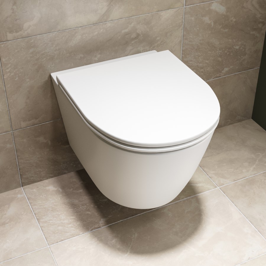 Matt White Wall Hung Rimless Short Projection Toilet with Soft Close Seat – Newport