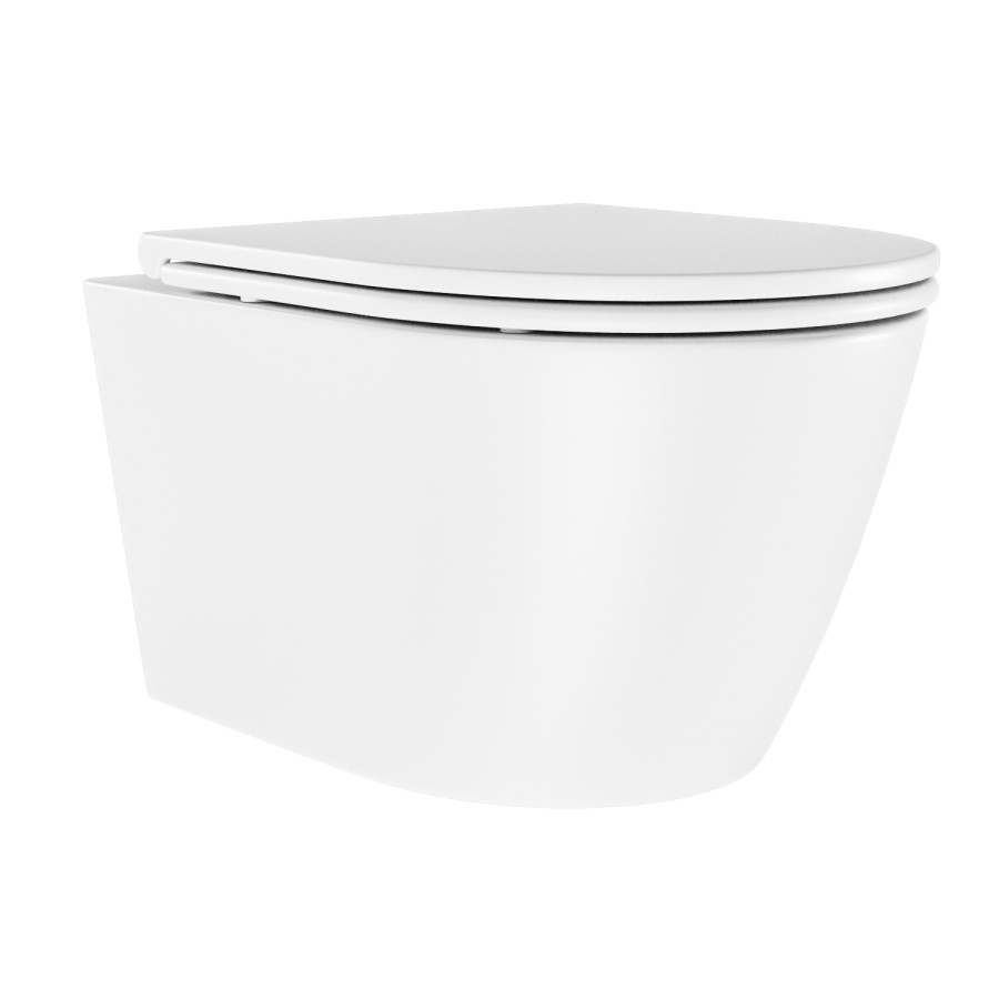 Matt White Wall Hung Rimless Short Projection Toilet with Soft Close Seat – Newport