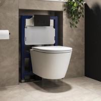 Matt White Wall Hung Rimless Toilet with Soft Close Seat, Matt Black Pneumatic Flush Plate, 820mm Frame & Cistern - Newport Matt White Wall Hung Rimless Toilet with Soft Close Seat, Matt Black Pneumatic Flush Plate, 820mm Frame & Cistern - Newport
