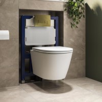 Matt White Wall Hung Rimless Toilet with Soft Close Seat, Brushed Brass Pneumatic Flush Plate, 820mm Frame & Cistern – Newport Matt White Wall Hung Rimless Toilet with Soft Close Seat, Brushed Brass Pneumatic Flush Plate, 820mm Frame & Cistern – Newport