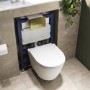 Matt White Wall Hung Rimless Toilet with Soft Close Seat, Brushed Brass Pneumatic Flush Plate, 820mm Frame & Cistern – Newport