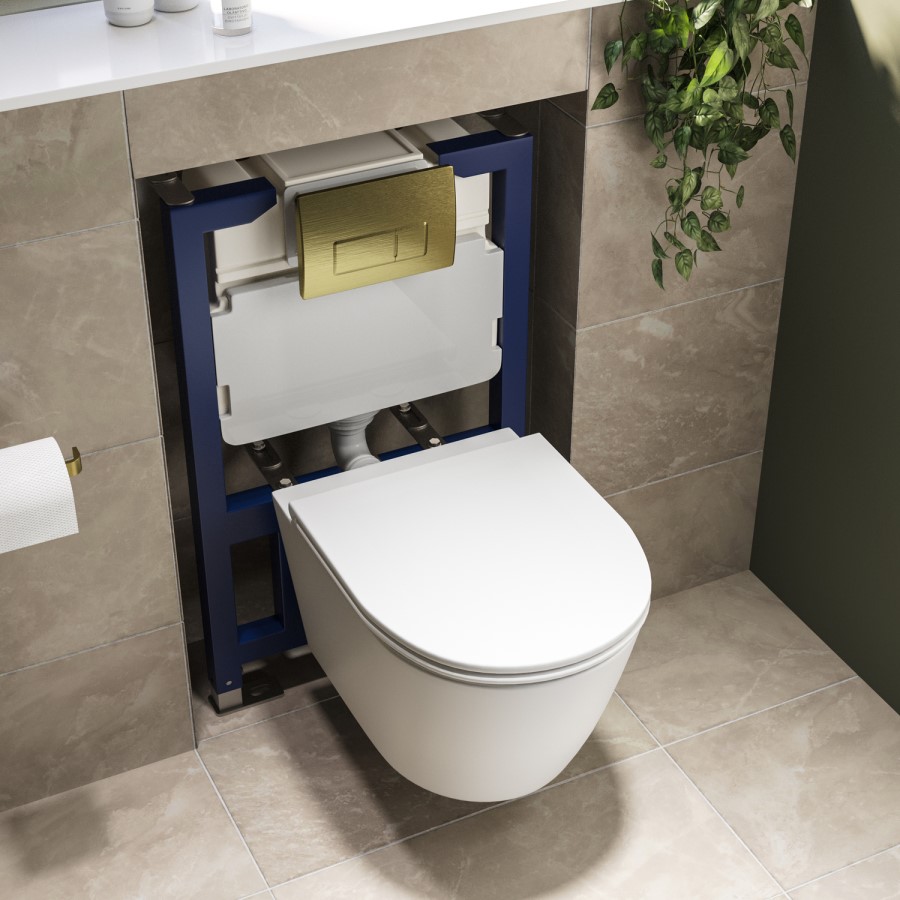 Matt White Wall Hung Rimless Toilet with Soft Close Seat, Brushed Brass Pneumatic Flush Plate, 820mm Frame & Cistern – Newport
