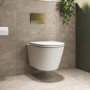 Matt White Wall Hung Rimless Toilet with Soft Close Seat, Brushed Brass Pneumatic Flush Plate, 820mm Frame & Cistern – Newport