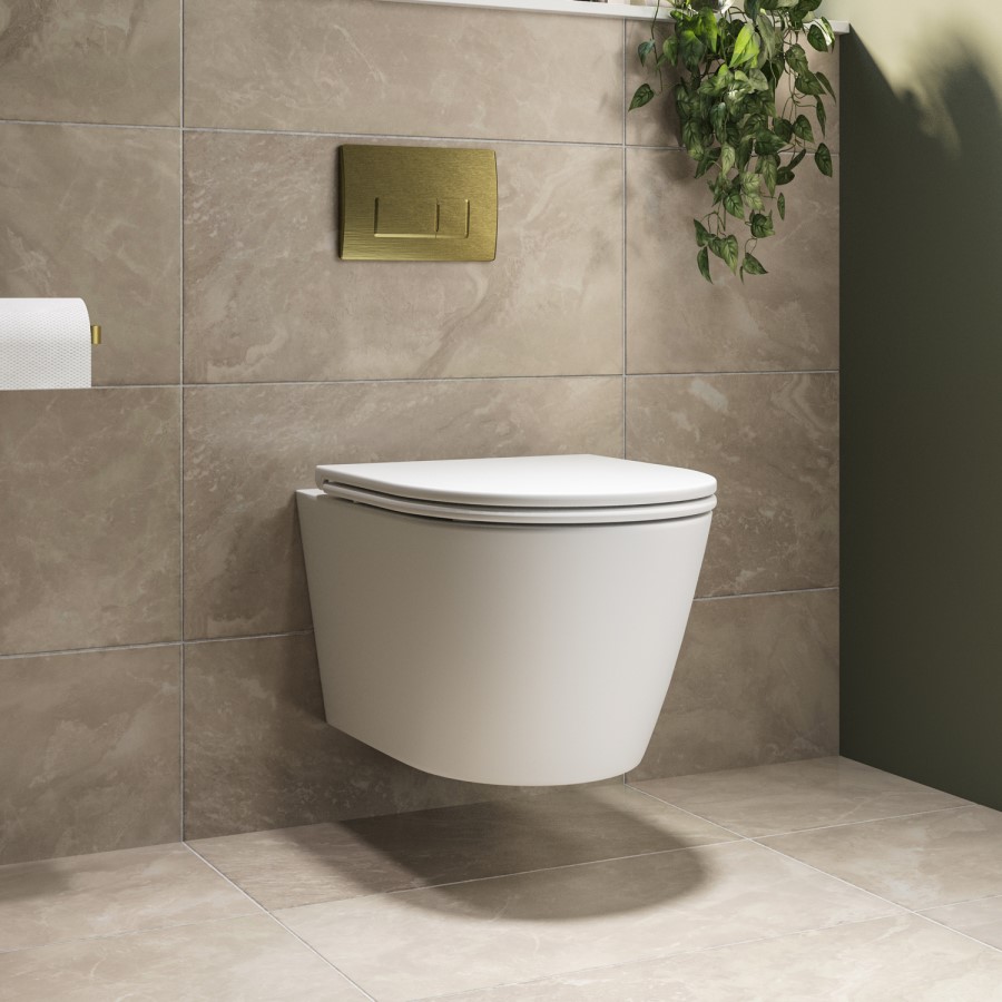 Matt White Wall Hung Rimless Toilet with Soft Close Seat, Brushed Brass Pneumatic Flush Plate, 820mm Frame & Cistern – Newport