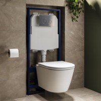 Matt White Wall Hung Rimless Toilet with Soft Close Seat, Chrome Mechanical Flush Plate with 1160mm Frame & Cistern - Newport Matt White Wall Hung Rimless Toilet with Soft Close Seat, Chrome Mechanical Flush Plate with 1160mm Frame & Cistern - Newport