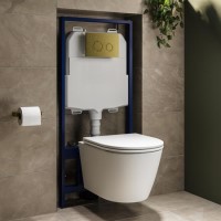Matt White Wall Hung Rimless Toilet with Soft Close Seat, Brushed Brass Mechanical Flush Plate with 1160mm Frame & Cistern - Newport Matt White Wall Hung Rimless Toilet with Soft Close Seat, Brushed Brass Mechanical Flush Plate with 1160mm Frame & Cistern - Newport