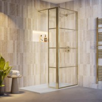 800mm Brushed Brass Grid Shower Screen for Wet Room & Walk In Shower with 300mm Hinged Panel - Nova