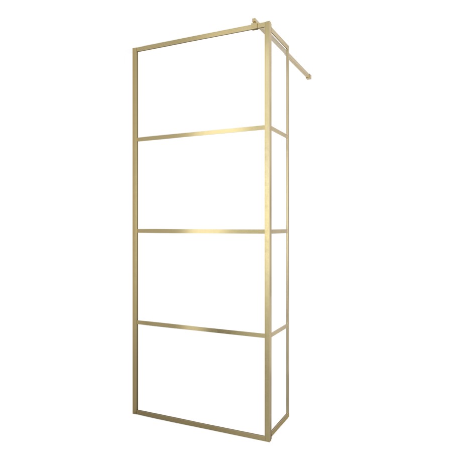800mm Brushed Brass Grid Shower Screen for Wet Room & Walk In Shower with 300mm Hinged Panel - Nova